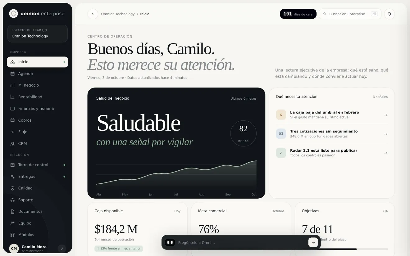 Inicio de Enterprise con la salud del negocio y lo que necesita atención