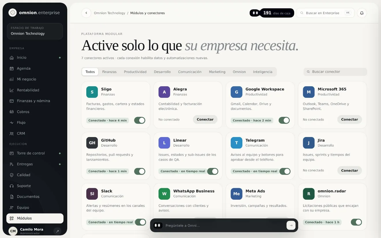 Módulos y conectores de Omnion Enterprise